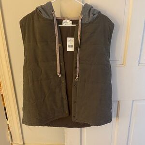 Olive Green Quilted Vest with Gray Hood